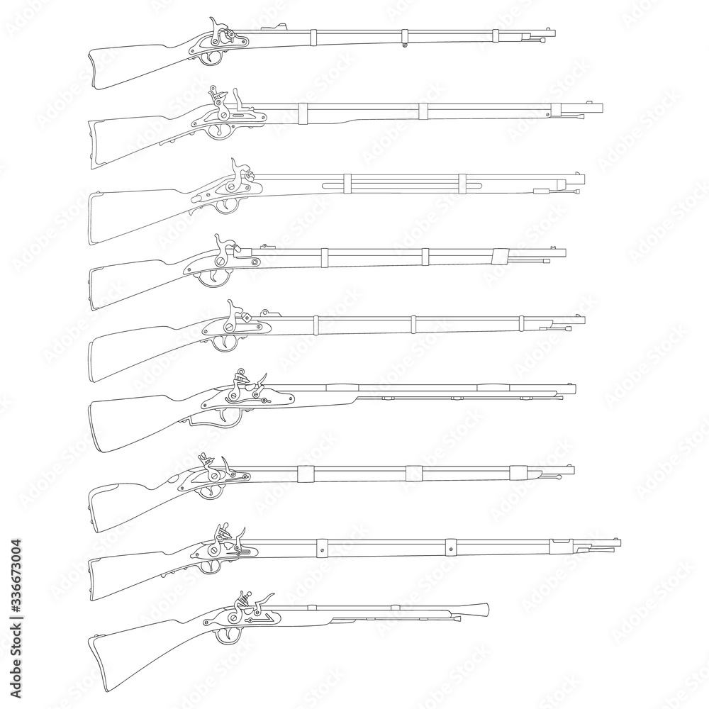 Vector monochrome icon set with Antique Rifles Vector monochrome icon set with Antique Rifles