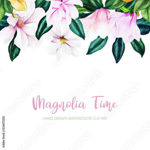 Watercolor magnolia header seamless border  hand drawn