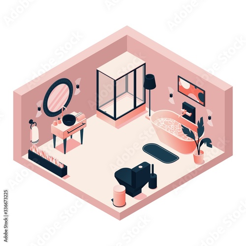 Isometric pink bathroom with toilet plumbing, sink and shower stall. Vector concept scene good for hotel or home interior