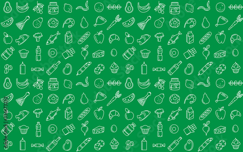 Seamless pattern supermarket grosery store food, drinks, vegetables, fruits, seafood, meat, dairy, sweets