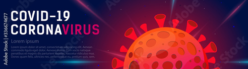 Panoramic banner on the theme Coronovirus, Covid 19. Red sign of coronavirus. Template with place for your text, copy space. Vector illustration