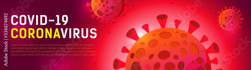 Panoramic banner on the theme of Coronovirus, Covid 19 worldwide. Red sign of coronavirus. Template with place for your text. Vector illustration