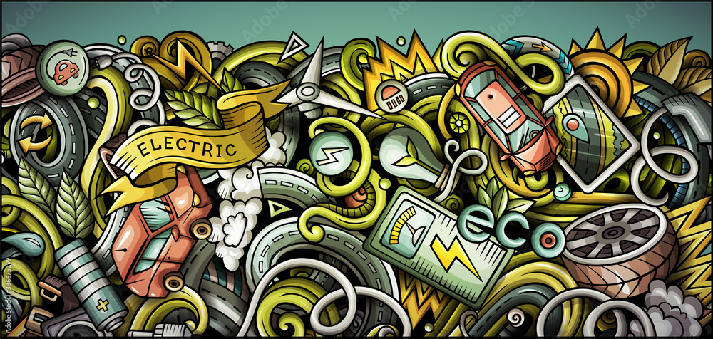 Fototapeta Samochody elektryczne ręcznie rysowane doodle transparent. Kreskówka szczegółowe ulotki.