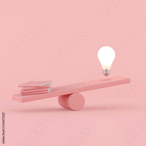 Minimal conceptual idea of floating light bulb opposite with pink books on seesaw,knowledge concept. 3D rendering.