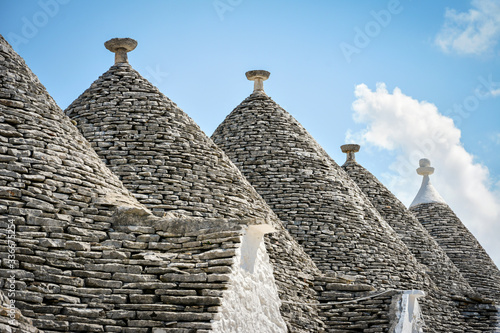 view of the typical conic roof of trullo buildings. Alberobello   Puglia. Italy