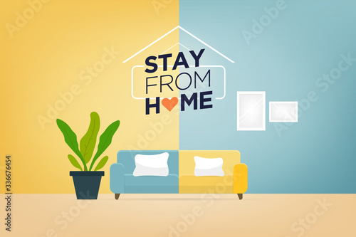 Stay from home banner. Quarantine or self-isolation.Global viral epidemic or pandemic. Health care concept. Fears of getting coronavirus. Trendy flat vector illustration