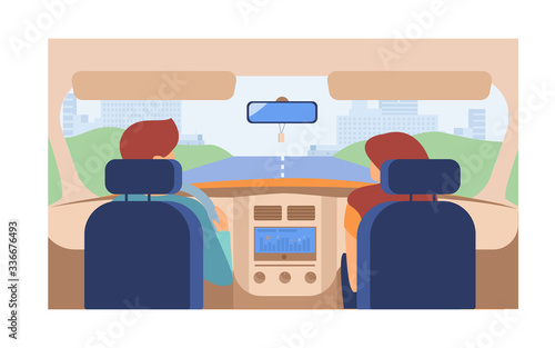 Couple riding vehicle. Back view of driver and passenger inside car interior. View from backseat. Vector illustration for driving, transportation, automobile, traffic concept