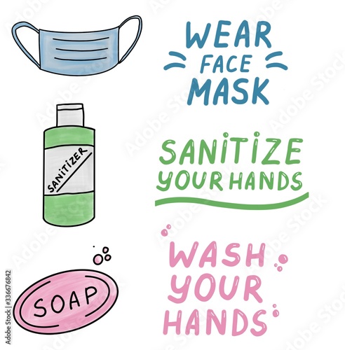 Wear a face mask. Wash your hands. Sanitize your hands. Icons trendy  color doodles isolated on a white background, lettering, calligraphy, text. Protection from coronavirus. Vector illustration.