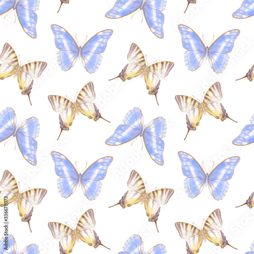 Hand drawn watercolor seamless pattern with beautiful butterflies. Stock illustration of endless wallpaper.