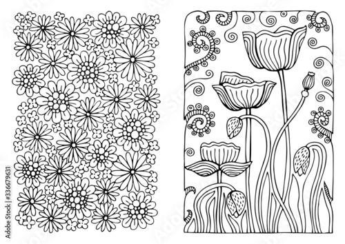 Set of coloring pages with flowers pattern. May be used for print of postcards, congratulation cards or fabric bags. Hand drawn illustration for coloring book in zentangle style.