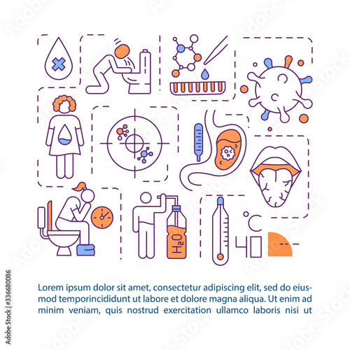 Rotavirus symptoms concept icon with text. Foodborne infection signs. Gastroenteritis PPT page vector template. Brochure, magazine, booklet design element with linear illustrations