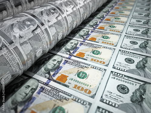 Money printing machine printing 100 dollar banknotes. 3D illustration