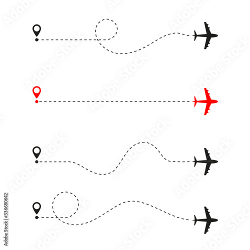 Abstract air flight routes icon set. Start check in, plane silhouette, dash path line, destination point. Vector illustration for news, web article, newspaper infographic, magazine. Travel by airplane