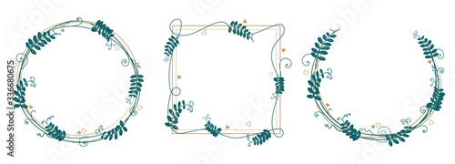 Vector set of floral frames. Frames decorated with bindweed and hearts. Border of twigs and hearts.