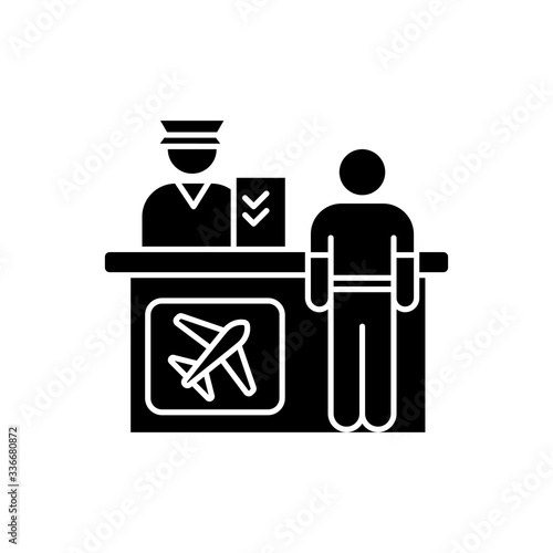 Airport information desk flat design long shadow glyph icon. Registration desk for airplane passengers. Helpdesk to provide information. Silhouette symbol on white space. Vector isolated illustration
