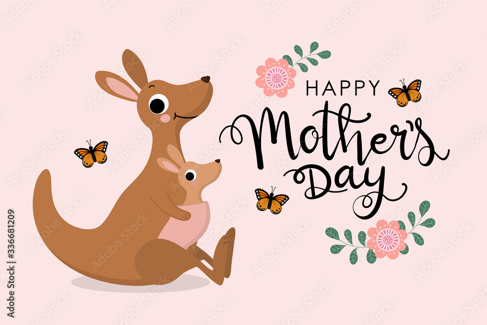Happy Mother's Day greeting card with kangaroo and baby, joey. Australia animal wildlife cartoon character. -Vector Happy Mother's Day greeting card with kangaroo and baby, joey. Australia animal wildlife cartoon character. -Vector