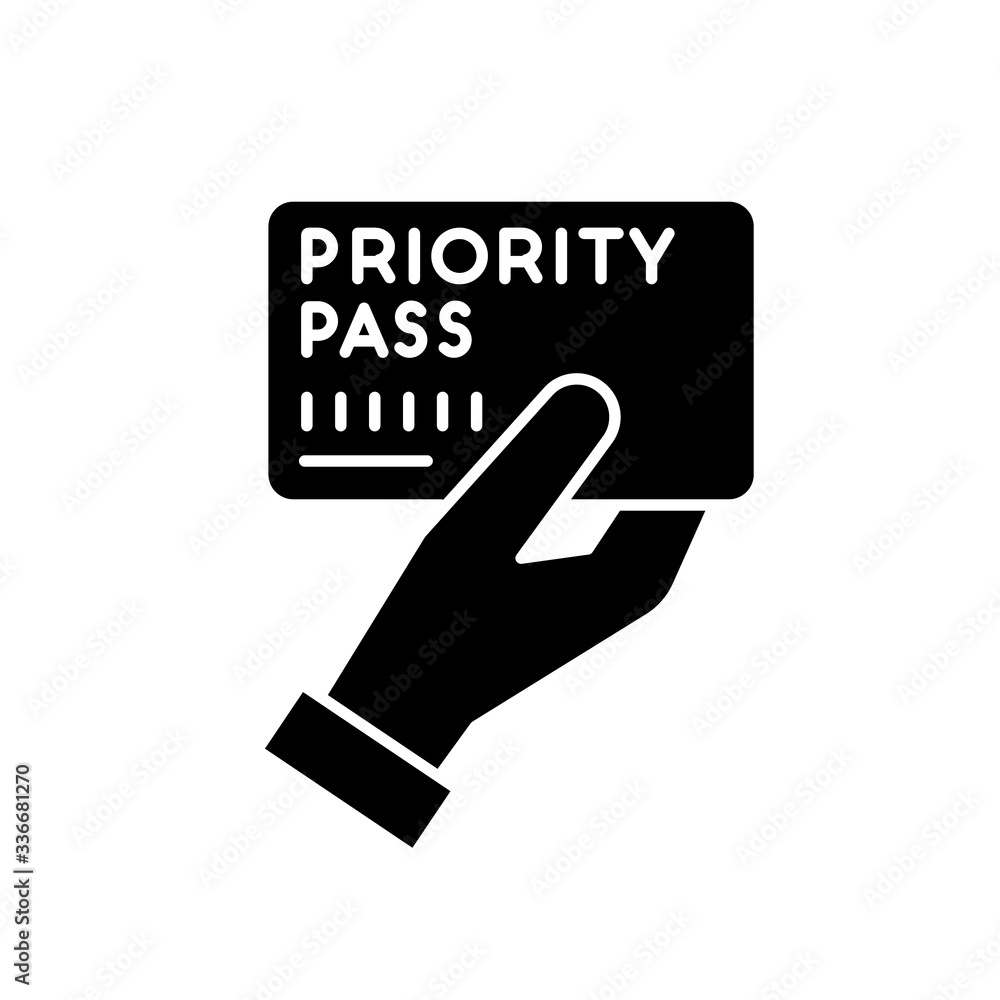 Priority pass flat design long shadow glyph icon. Boarding ticket for airplane flight. VIP document for passenger service. Silhouette symbol on white space. Vector isolated illustration Priority pass flat design long shadow glyph icon. Boarding ticket for airplane flight. VIP document for passenger service. Silhouette symbol on white space. Vector isolated illustration