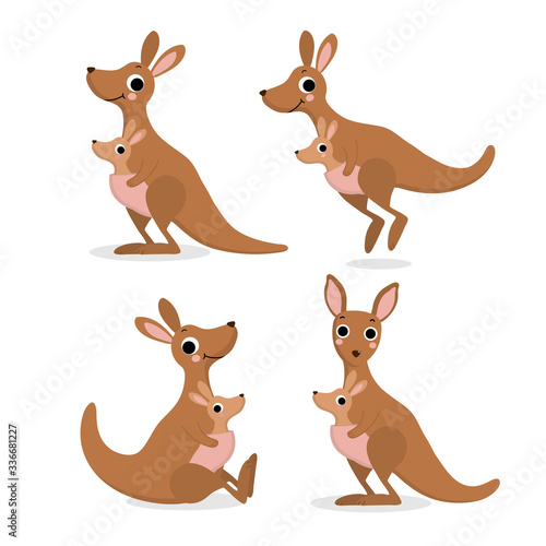 Cute kangaroo and baby, joey collection. Australia animal wildlife cartoon character set. -Vector