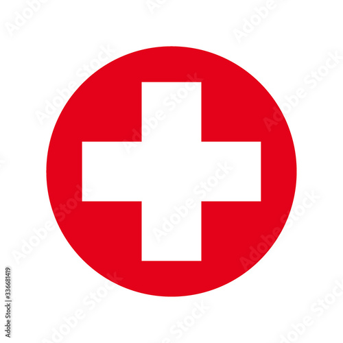 White cross in a red circle. First aid icon. Vector illustration