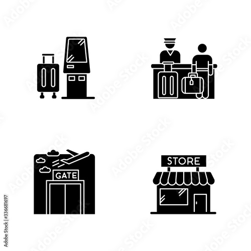 Airport terminal black glyph icons set on white space. Self service kiosk to check in. Boarding registration desk. Gate window. Airplane departure. Silhouette symbols. Vector isolated illustration