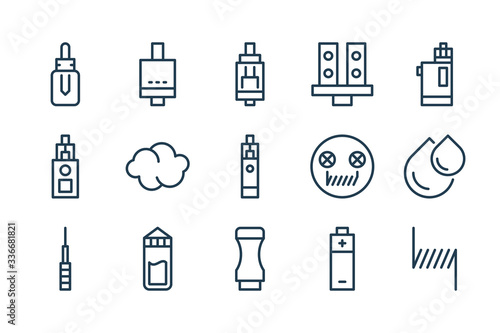 Vaping and e-cigarette line icons. Vape and eSmoking vector linear icon set.