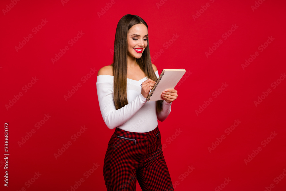 Portrait of smart positive attractive charming fascinating elegant boss woman write copybook plan her working beauty day wear white good look outfit isolated over bright color background Portrait of smart positive attractive charming fascinating elegant boss woman write copybook plan her working beauty day wear white good look outfit isolated over bright color background