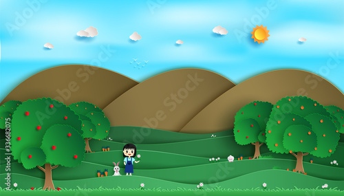 Vegetable and fruit garden. and view of the nature forest green. and there's a rabbit looking for carrots, and a girl holding flowers in the middle of the field. and paper cut style. and background.
