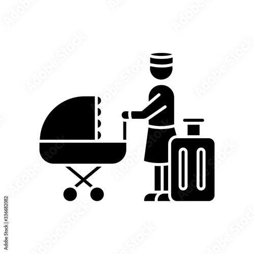 Hotel sitter black glyph icon. Babysitting service. Help with infant kids while on vacation. Day care during traveling. Silhouette symbol on white space. Vector isolated illustration