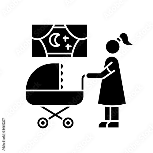 Night time nanny black glyph icon. Mother with baby in stroller. Mom look for sleeping kid. Parenthood and motherhood. Child care. Silhouette symbol on white space. Vector isolated illustration