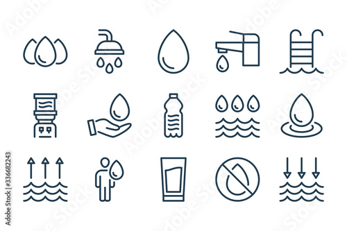 Water and Water drop related line icons. Drink and Swim vector linear icon set.