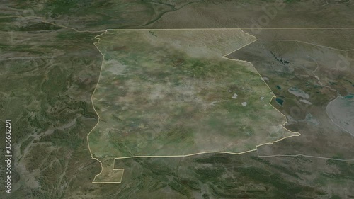 Omusati, region with its capital, zoomed and extruded on the satellite map of Namibia in the conformal Stereographic projection. Animation 3D photo