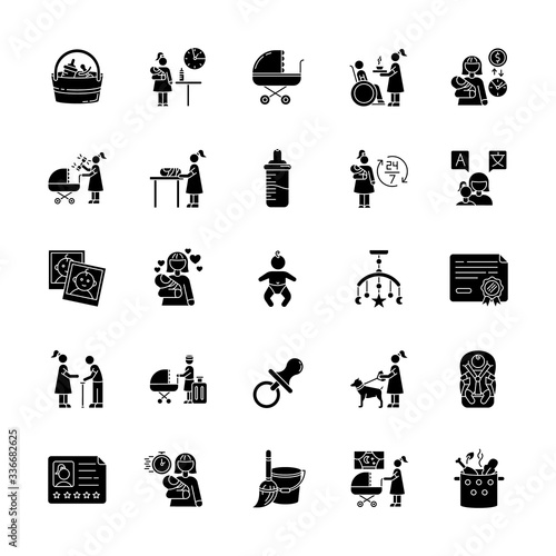 Babysitter service black glyph icons set on white space. Child care. Help with kids. Full time nanny for newborn. Motherhood, parenthood. Silhouette symbols. Vector isolated illustration