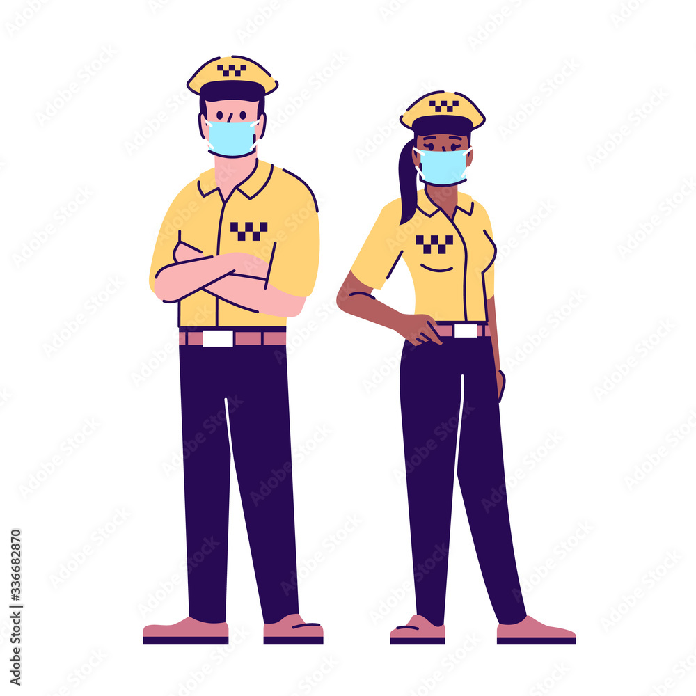 Taxi drivers in pandemic flat isolated vector illustration. Transportation service workers in surgical masks 2D cartoon character with outline on white background. Coronavirus protection