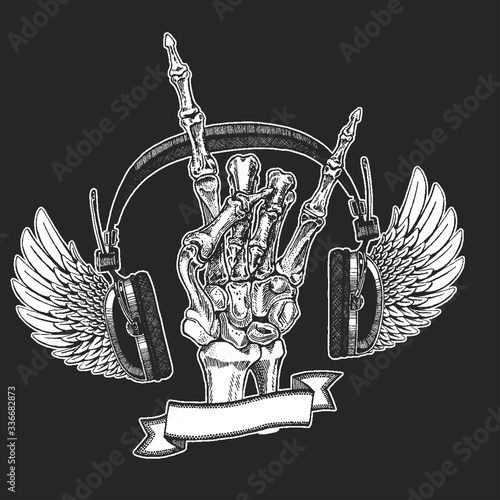 Rock heavy metal, hard rock music skeleton hand symbol. Vector icon.