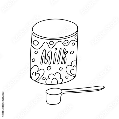 Can with infant formula or baby milk in doodle style. Measuring spoon. Hand drawn vector illustration in black ink on white background.