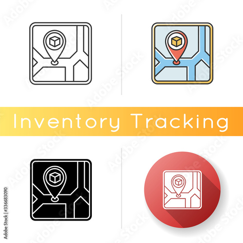 Storage place icon. Warehouse location, storehouse building address. Destination, navigation, stockroom on city map. Linear, black and RGB color styles. Isolated vector illustrations
