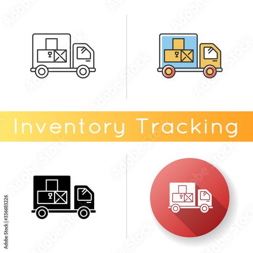 Goods receipt icon. Logistics, distribution, merchandise delivery service. Cargo transportation and products supply. Linear, black and RGB color styles. Isolated vector illustrations