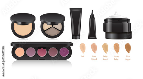 Cosmetics set. Eye, lips, face makeup. Eyeshadow, eyeliner, creme, face powder, concealer. Vector mock up products. Universal templates for branding and advertising
