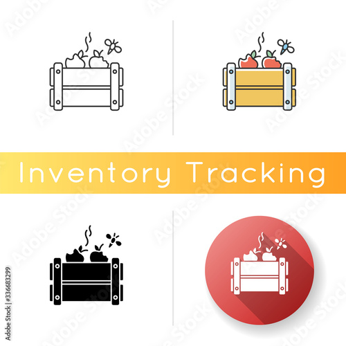 Merchandise spoilage icon. Rotten products, damaged package, improper storage and transportation result. Goods damage. Linear, black and RGB color styles. Isolated vector illustrations