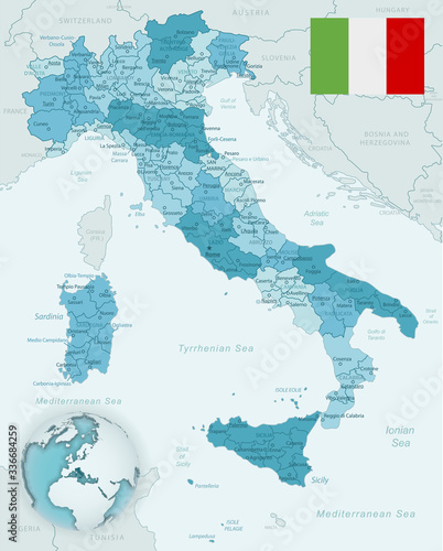 Blue-green detailed map of Italy and administrative divisions with country flag and location on the globe. Vector illustration