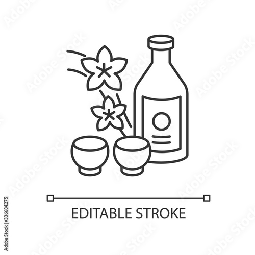Sake pixel perfect linear icon. Japanese rice wine and sakura branch. Korean soju with two mugs. Thin line customizable illustration. Contour symbol. Vector isolated outline drawing. Editable stroke