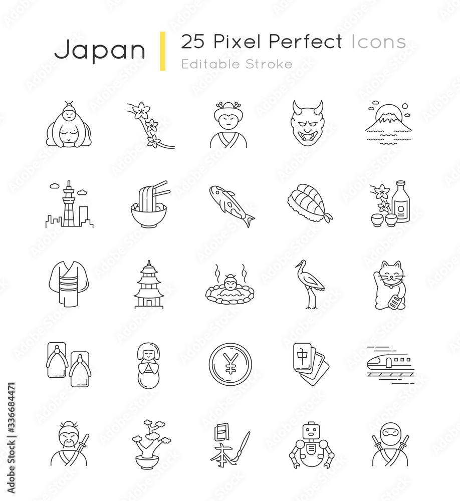Japan pixel perfect linear icons set. Koi carp. Ramen and sushi. Traditional japanese symbols. Customizable thin line contour symbols. Isolated vector outline illustrations. Editable stroke