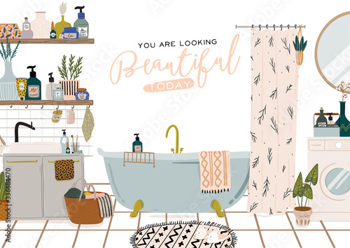 Stylish Scandinavian bathroom interior - bidet,tap, bath,toilet, sink,, home decorations. Cozy modern comfy apartment furnished in Hygge style. Vector illustration