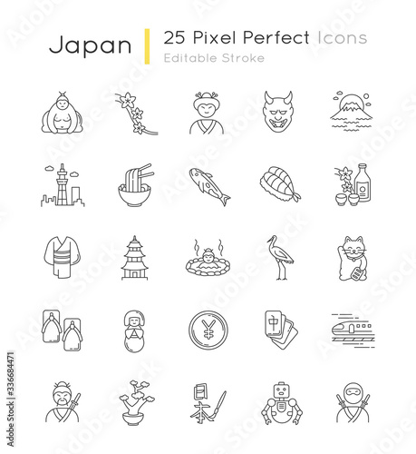 Japan pixel perfect linear icons set. Koi carp. Ramen and sushi. Traditional japanese symbols. Customizable thin line contour symbols. Isolated vector outline illustrations. Editable stroke