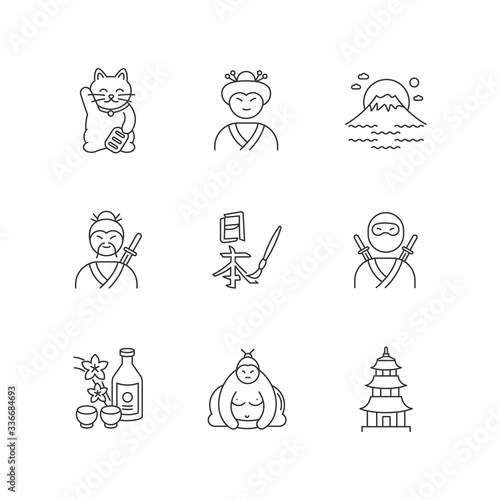 Japan pixel perfect linear icons set. Maneki neko. Geisha woman. Mount Fuji. Samurai and ninja. Customizable thin line contour symbols. Isolated vector outline illustrations. Editable stroke