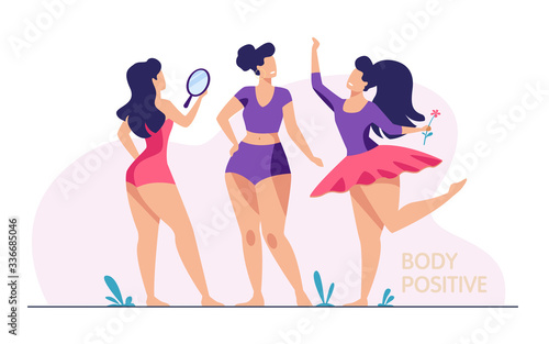 Happy girls admiring their bodies flat vector illustration. Body positive female characters smiling each other. Active women with plus size figures. Different beauty, fashion and healthy lifestyle