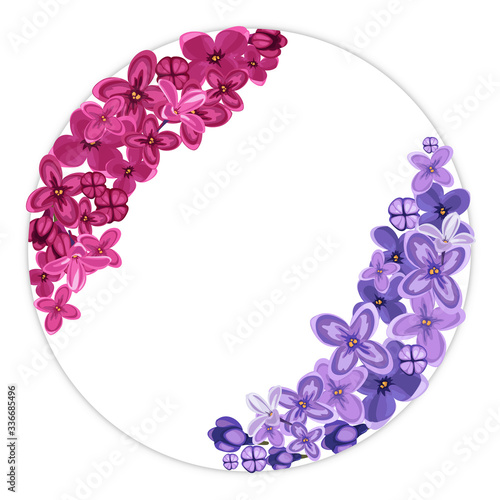 Round frame of lilac flowers. Vector illustration for design icons, template, banner, background, spring and wedding concept.
