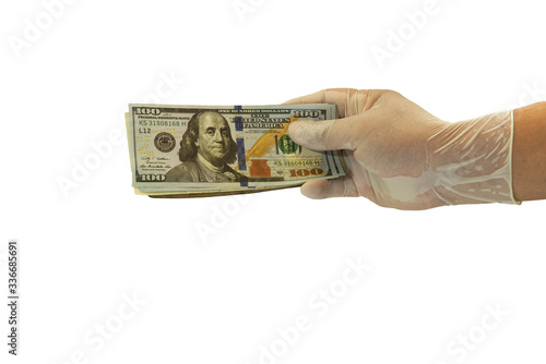 Dollar bill money in hand on isolators white backgrounders