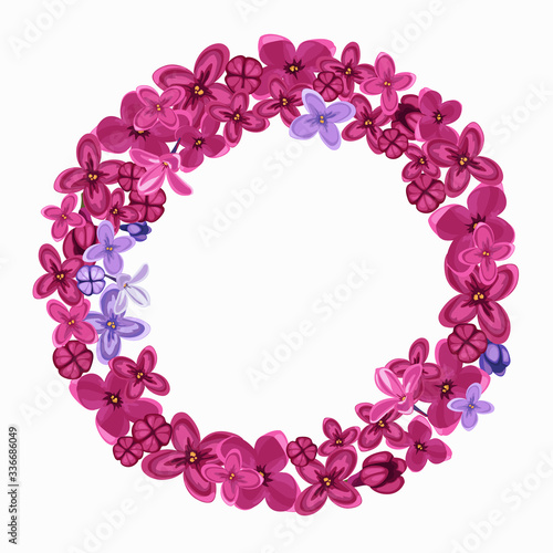 Round frame of lilac flowers. Vector illustration for design icons, template, banner, background, spring and wedding concept.