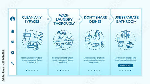 Household tips onboarding vector template. Cleaning surfaces, washing thoroughly, using separate bathroom. Responsive mobile website with icons. Webpage walkthrough step screens. RGB color concept